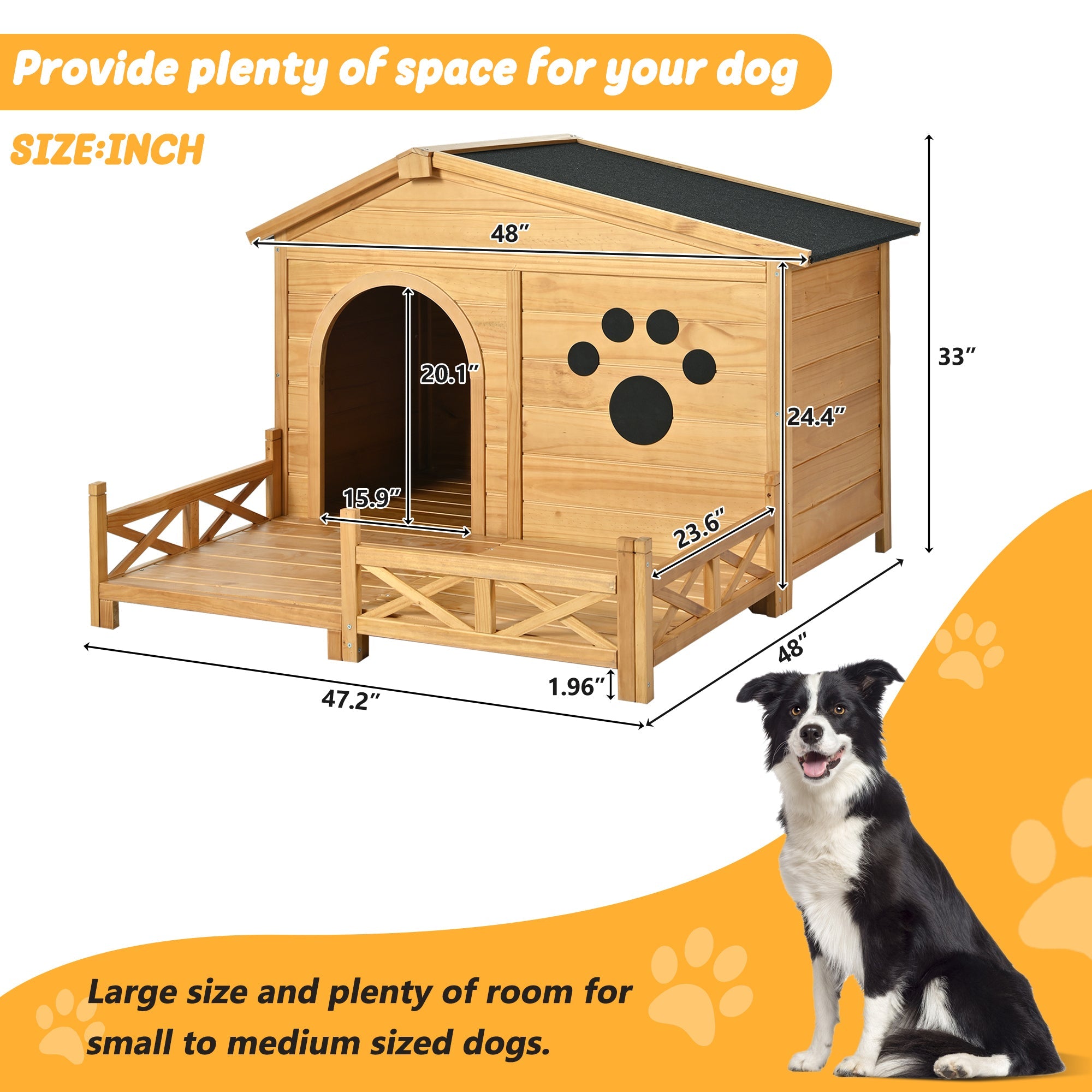 Large Wooden Dog Kennel with Porch & Asphalt Roof