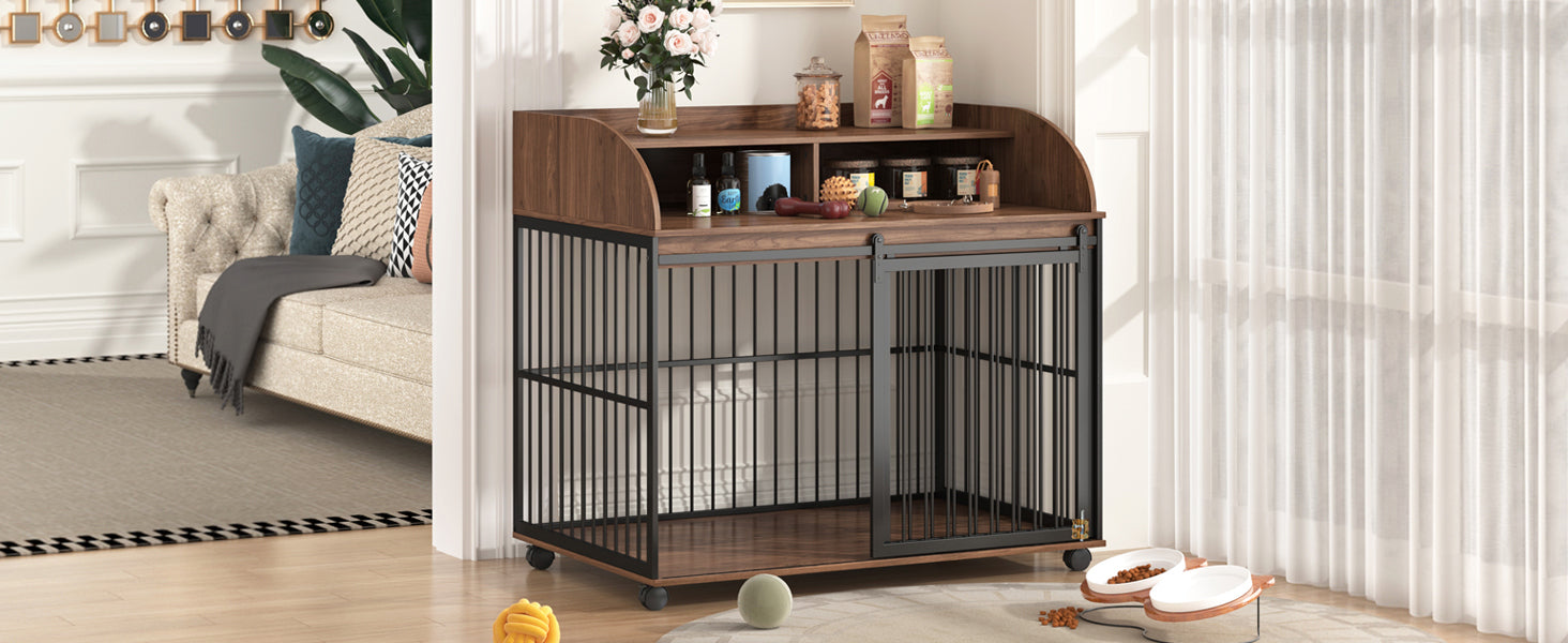Large Dog Crate Furniture – 44" with Lockable Wheels