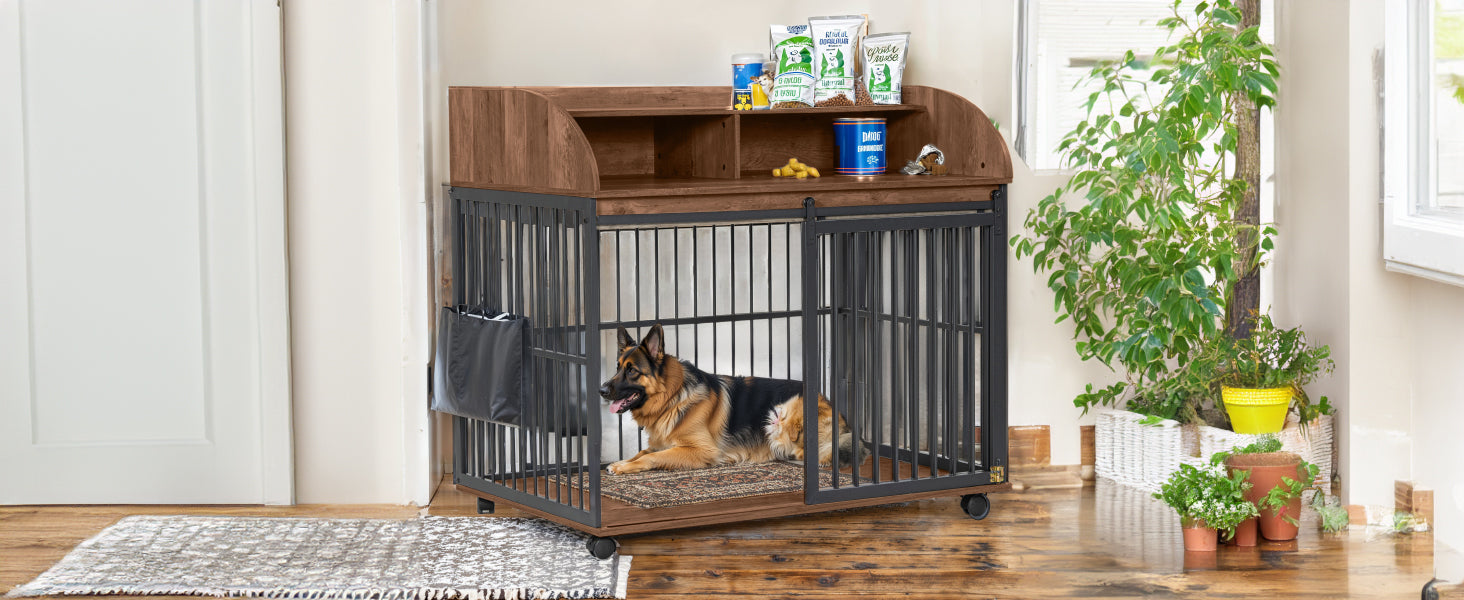 Large Dog Crate Furniture – 44" with Lockable Wheels
