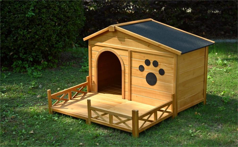 Large Wooden Dog Kennel with Porch & Asphalt Roof