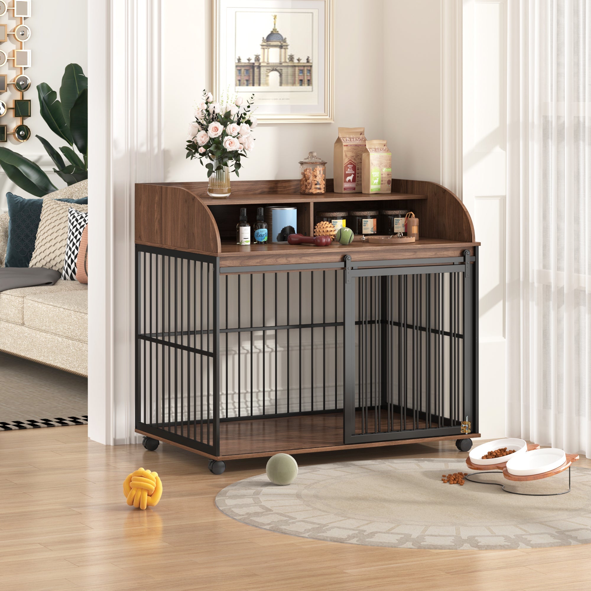 Large Dog Crate Furniture – 44" with Lockable Wheels